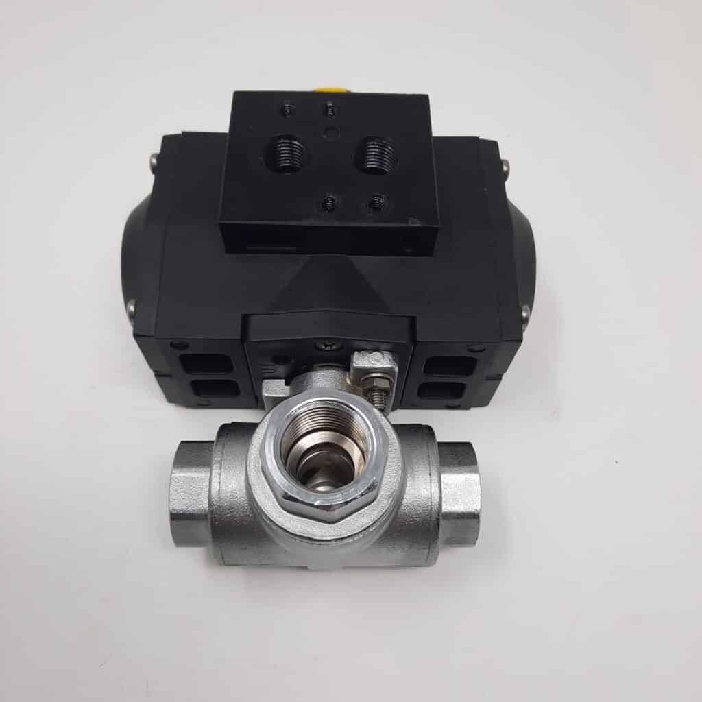 Valvola a Sfera 3 Vie Inox 316 G. 1/2" Con Attutatore Pneumatico D.E.